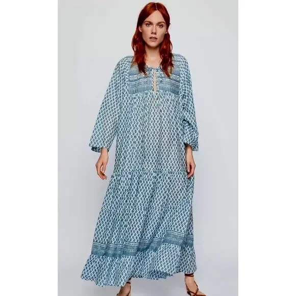 Zara | Dresses | Zara Tiered Maxi Dress Size Xs Blue White Tassel Boho  Floral Flowy Cottagecore | Poshmark